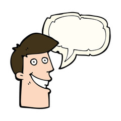 cartoon grinning man with speech bubble