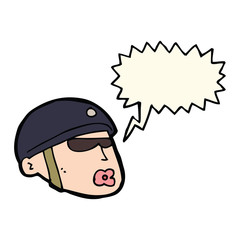 cartoon policeman head with speech bubble