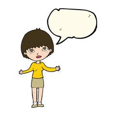 cartoon woman shrugging  with speech bubble