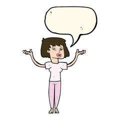 cartoon woman holding up hands with speech bubble