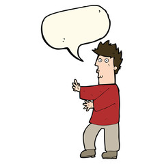 cartoon nervous man waving with speech bubble