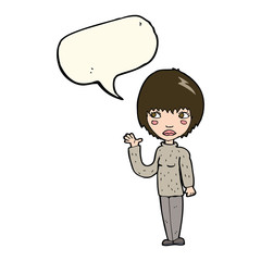 cartoon woman waving with speech bubble