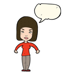cartoon woman shrugging shoulders with speech bubble