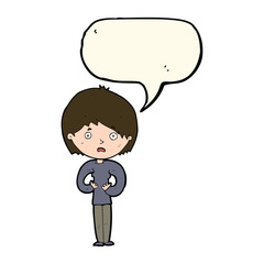 cartoon woman making Who Me? gesture with speech bubble