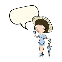 cartoon woman in summer hat waving with speech bubble