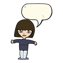 cartoon woman with open arms with speech bubble