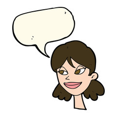cartoon happy female face with speech bubble