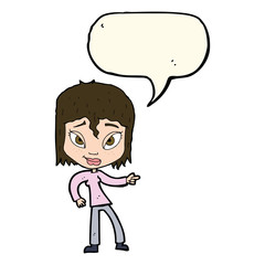 cartoon relaxed woman pointing with speech bubble