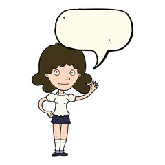cartoon woman waving with speech bubble