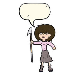 cartoon woman with harpoon with speech bubble