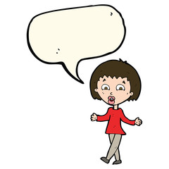 cartoon woman shrugging shoulders with speech bubble