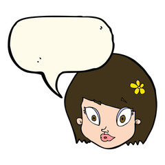 cartoon happy female face with speech bubble