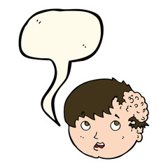 cartoon boy with ugly growth on head with speech bubble