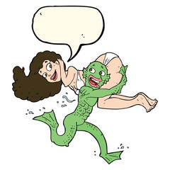 cartoon swamp monster carrying girl in bikini with speech bubble