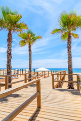 Palm trees and wooden walkway to beach in Armacao de Pera seaside town, Portugal