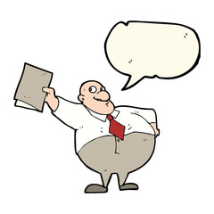 cartoon happy boss with file with speech bubble