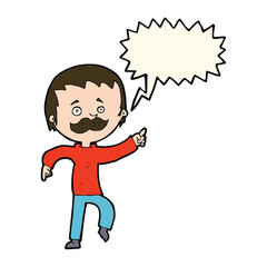cartoon man with mustache pointing with speech bubble