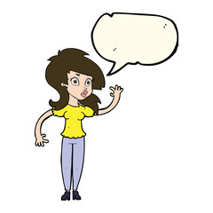 cartoon pretty woman waving with speech bubble