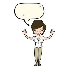 cartoon pretty woman with hands in air with speech bubble