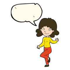 cartoon friendly woman waving with speech bubble