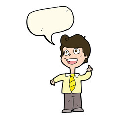 cartoon school boy raising hand with speech bubble