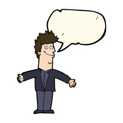 cartoon happy man with open arms with speech bubble