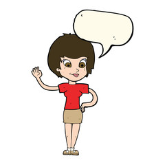 cartoon woman waving with speech bubble