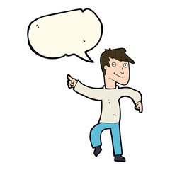 cartoon happy man pointing with speech bubble