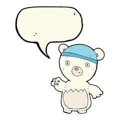 cartoon polar bear wearing hat with speech bubble