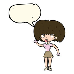 cartoon woman waving with speech bubble
