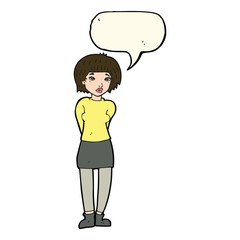 cartoon shy woman with speech bubble