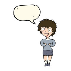 cartoon excited woman with speech bubble