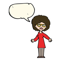 cartoon woman wearing glasses with speech bubble