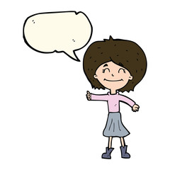 cartoon happy girl giving thumbs up symbol with speech bubble