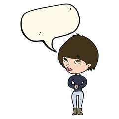 cartoon woman considering with speech bubble