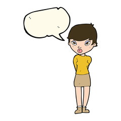 cartoon shy woman with speech bubble