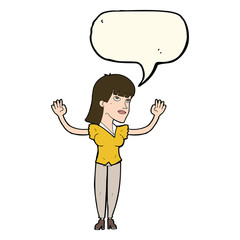 cartoon woman throwing hands in air with speech bubble