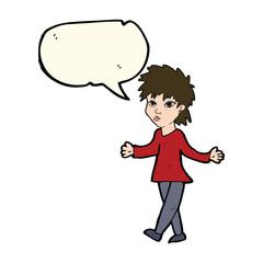 cartoon woman shrugging shoulders with speech bubble