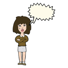 cartoon tough woman with folded arms with speech bubble
