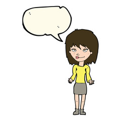cartoon woman shrugging shoulders with speech bubble