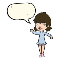cartoon woman waving with speech bubble
