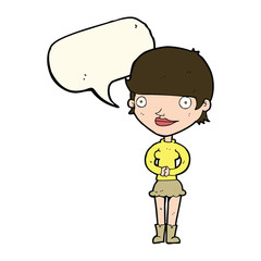 cartoon friendly woman with speech bubble