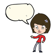 cartoon pretty woman pointing with speech bubble