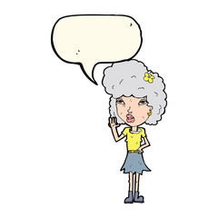 cartoon woman waving with speech bubble