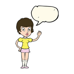 cartoon pretty girl waving with speech bubble