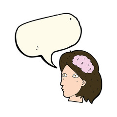 cartoon female head with brain symbol with speech bubble