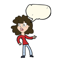 cartoon worried woman pointing with speech bubble