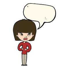 cartoon woman gesturing at herself with speech bubble