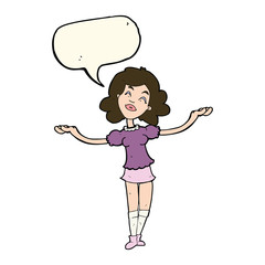 cartoon woman taking praise with speech bubble