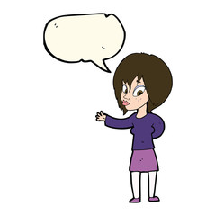 cartoon woman making welcome gesture with speech bubble